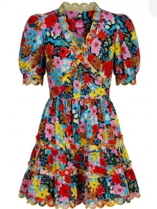 CeliaB Dresses & Skirts - Celia B Aila Floral Wrap Dress Ruffled Tiered Scalloped Puff Sleeve Size M